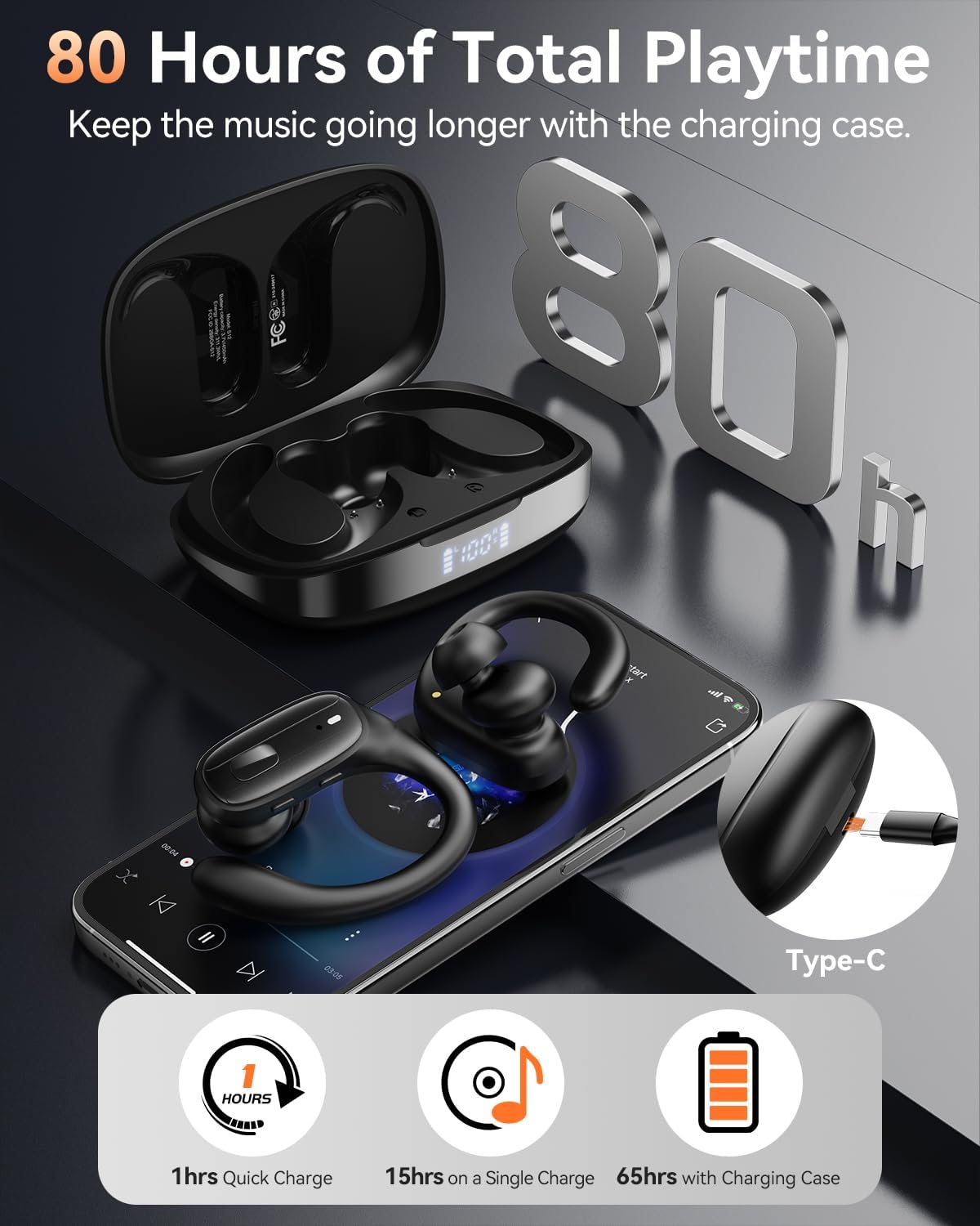 Wireless Earbuds with Ear Hooks, Running Headphones