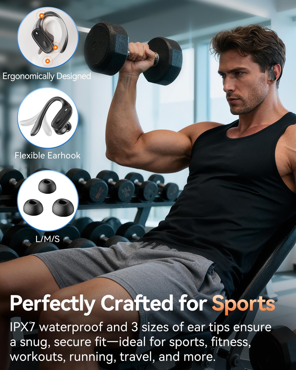 Wireless Earbuds with Ear Hooks, Running Headphones